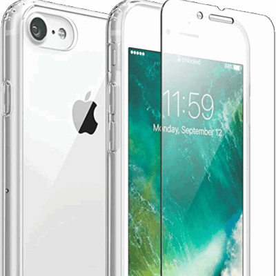 Beskyttelsespakke med gjennomsiktig TPU-beskyttelse for side/bak og herdet glass for skjerm for iPhone 7/8/SE2/3