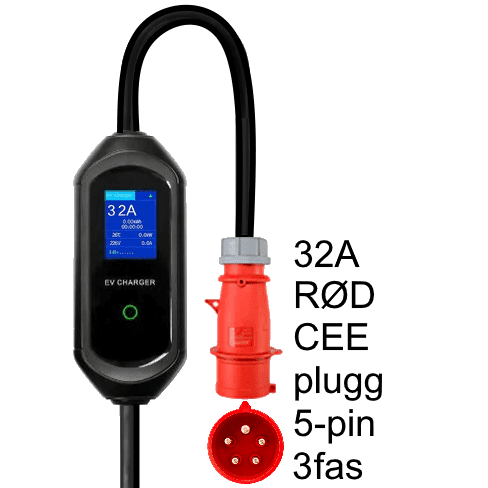 Overgang til 32A (rød) 3-fas 400V CEE portabel elbillader